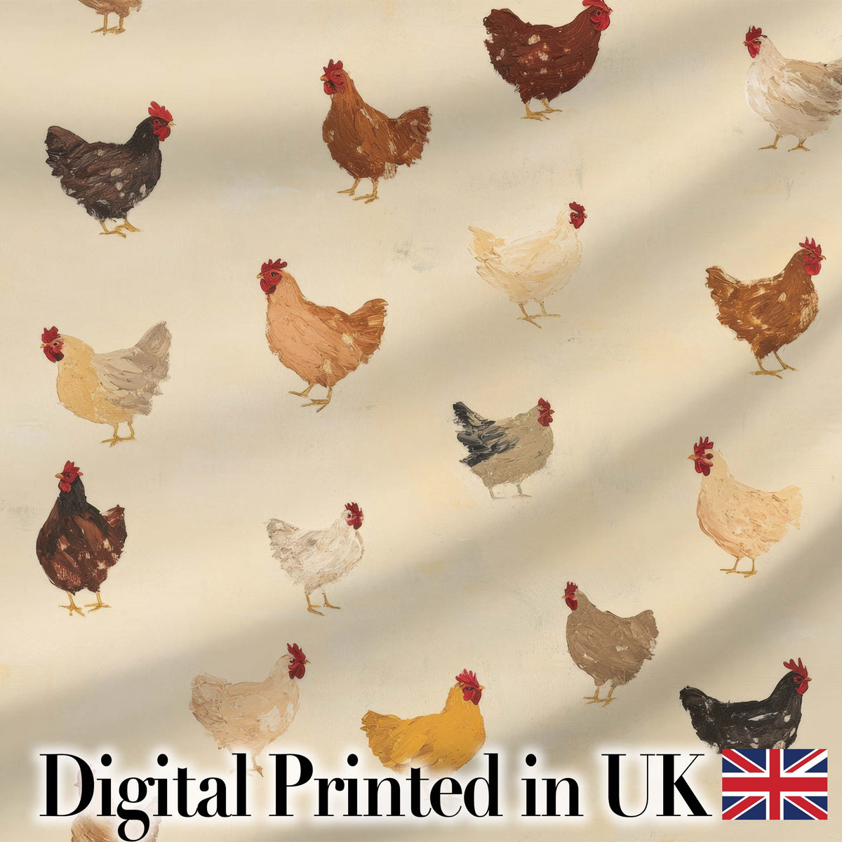 Vintage Farm Chicken Hen Illustration Soft Neutral Background Seamless Pattern Digital Print Fabric by the Metre UK Sewing Quilting Textile