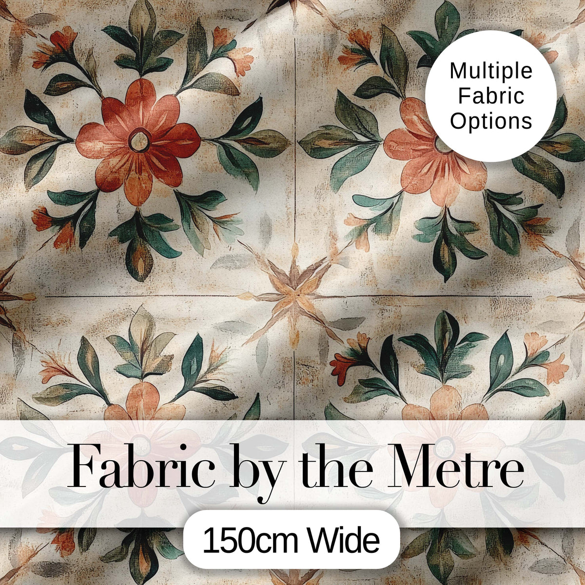 Vintage Tile Style Floral Motif Soft Neutral Seamless Pattern Digital Print Fabric by the Metre UK Sewing Quilting Textile