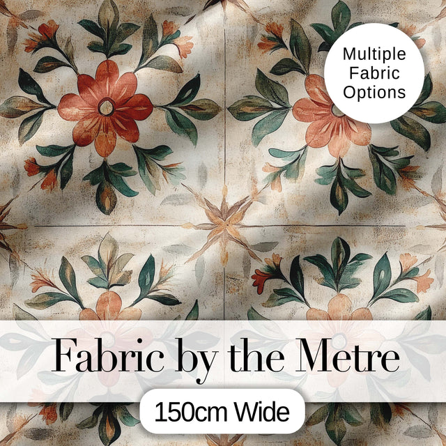 Vintage Tile Style Floral Motif Soft Neutral Seamless Pattern Digital Print Fabric by the Metre UK Sewing Quilting Textile