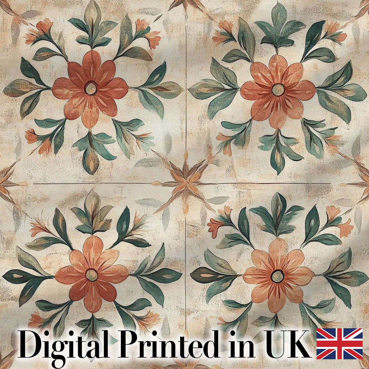 Vintage Tile Style Floral Motif Soft Neutral Seamless Pattern Digital Print Fabric by the Metre UK Sewing Quilting Textile