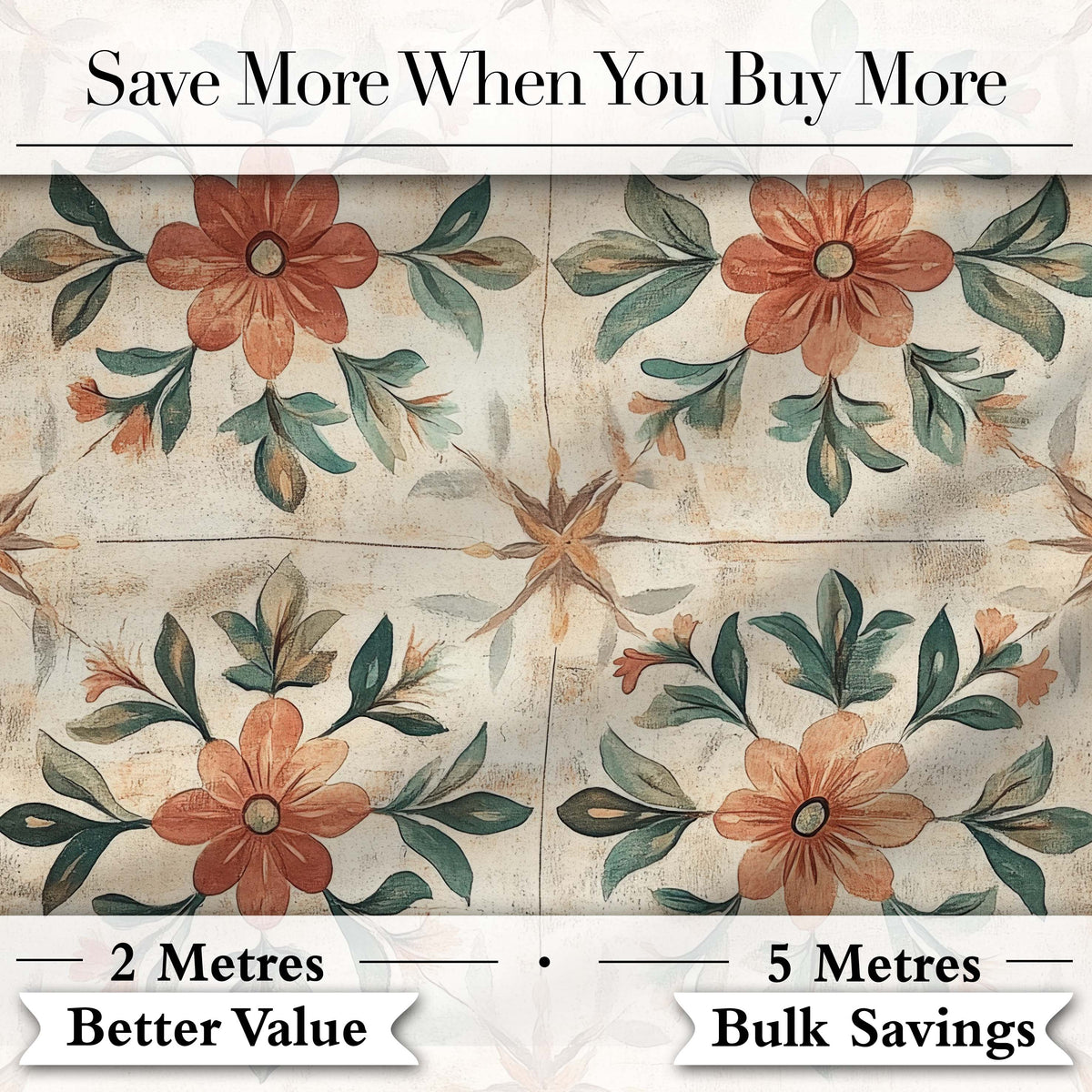 Vintage Tile Style Floral Motif Soft Neutral Seamless Pattern Digital Print Fabric by the Metre UK Sewing Quilting Textile
