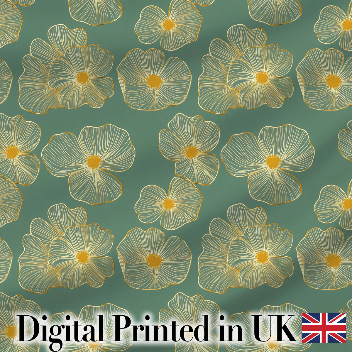 Luxury Teal Background Gold Line Floral Blossoms Elegant Seamless Pattern Digital Print Fabric by the Metre UK Sewing Quilting Textile