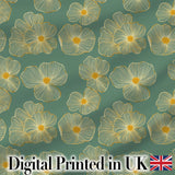 Luxury Teal Background Gold Line Floral Blossoms Elegant Seamless Pattern Digital Print Fabric by the Metre UK Sewing Quilting Textile