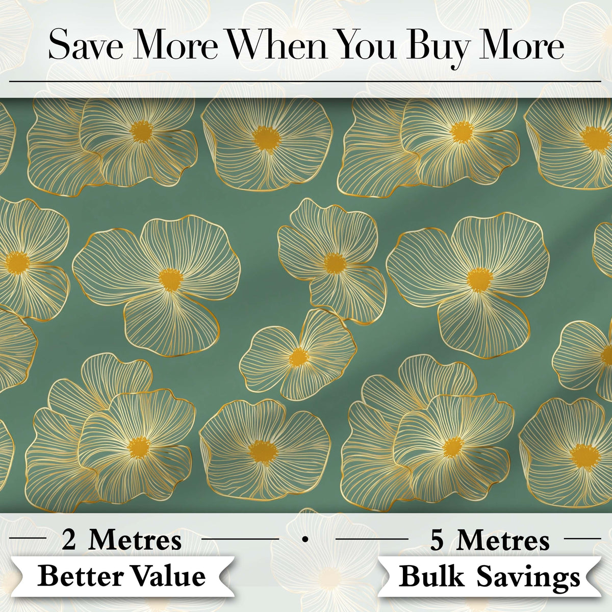 Luxury Teal Background Gold Line Floral Blossoms Elegant Seamless Pattern Digital Print Fabric by the Metre UK Sewing Quilting Textile