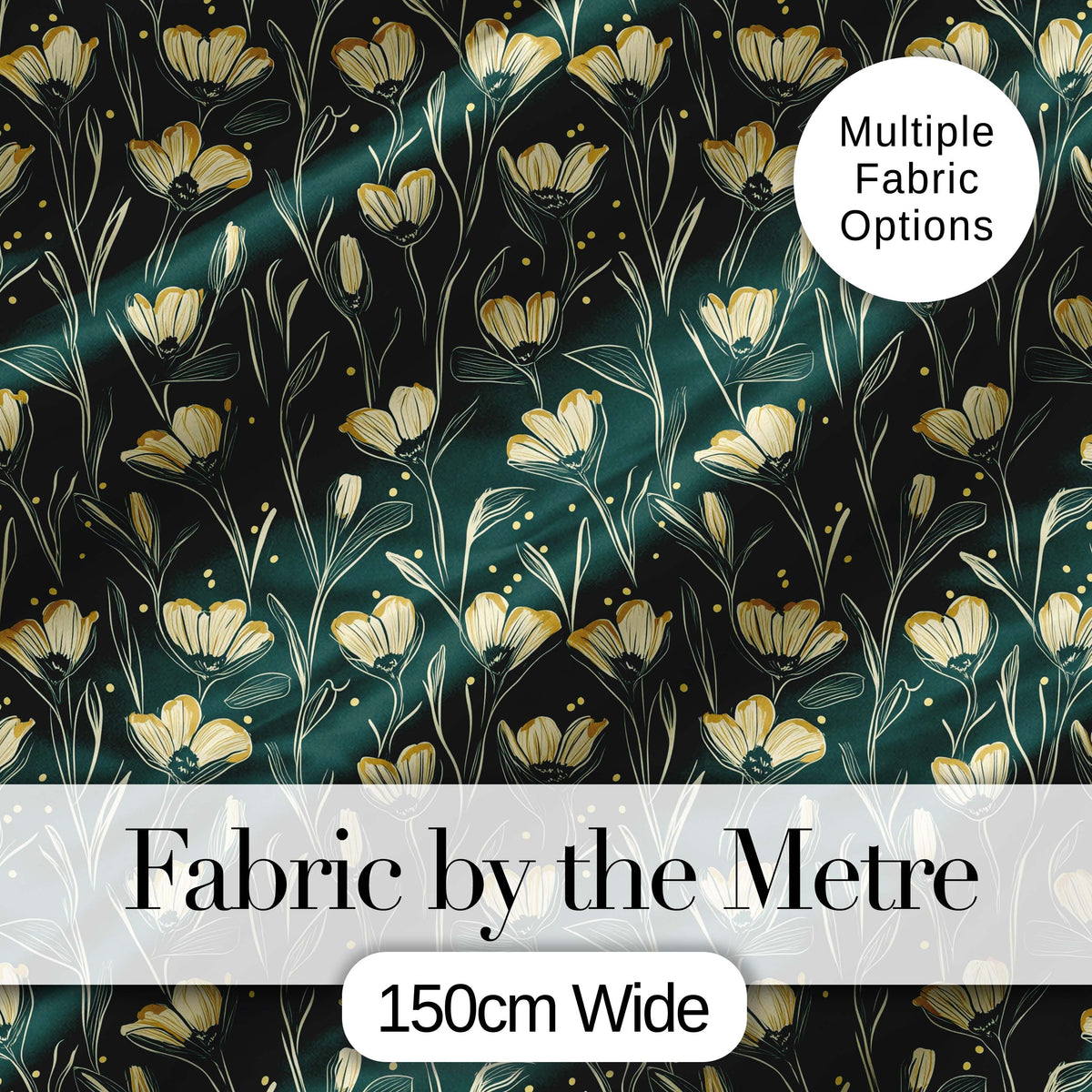 Elegant Dark Teal Floral Wildflower Pattern with Soft Yellow  Seamless Design Digital Print Fabric by the Metre UK Sewing Quilting Textile