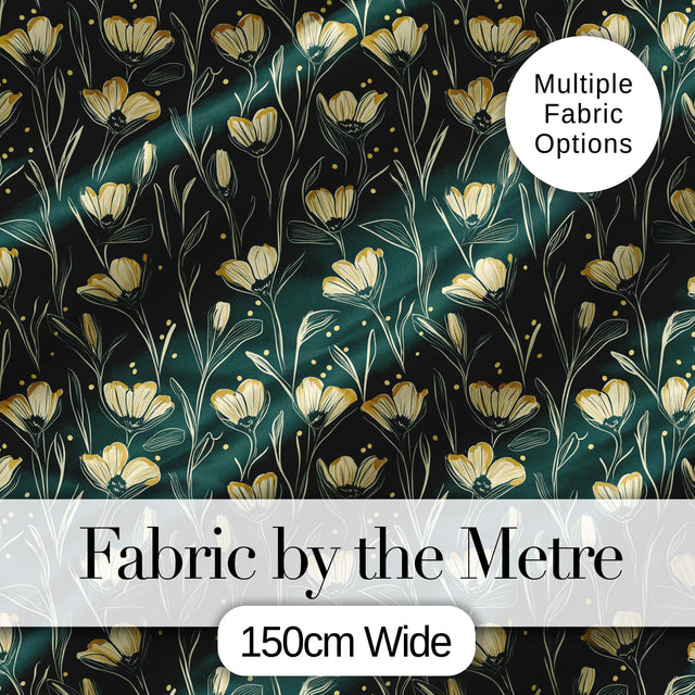 Elegant Dark Teal Floral Wildflower Pattern with Soft Yellow  Seamless Design Digital Print Fabric by the Metre UK Sewing Quilting Textile