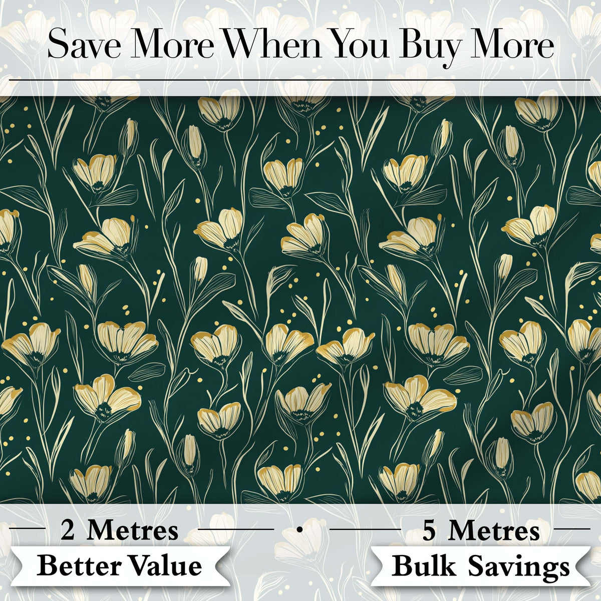 Elegant Dark Teal Floral Wildflower Pattern with Soft Yellow  Seamless Design Digital Print Fabric by the Metre UK Sewing Quilting Textile