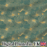 Artistic Teal Floral Outline Pattern with Large Gold Detailed Blossoms Seamless Digital Print Fabric by the Metre UK Sewing Quilting Textile