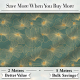 Artistic Teal Floral Outline Pattern with Large Gold Detailed Blossoms Seamless Digital Print Fabric by the Metre UK Sewing Quilting Textile