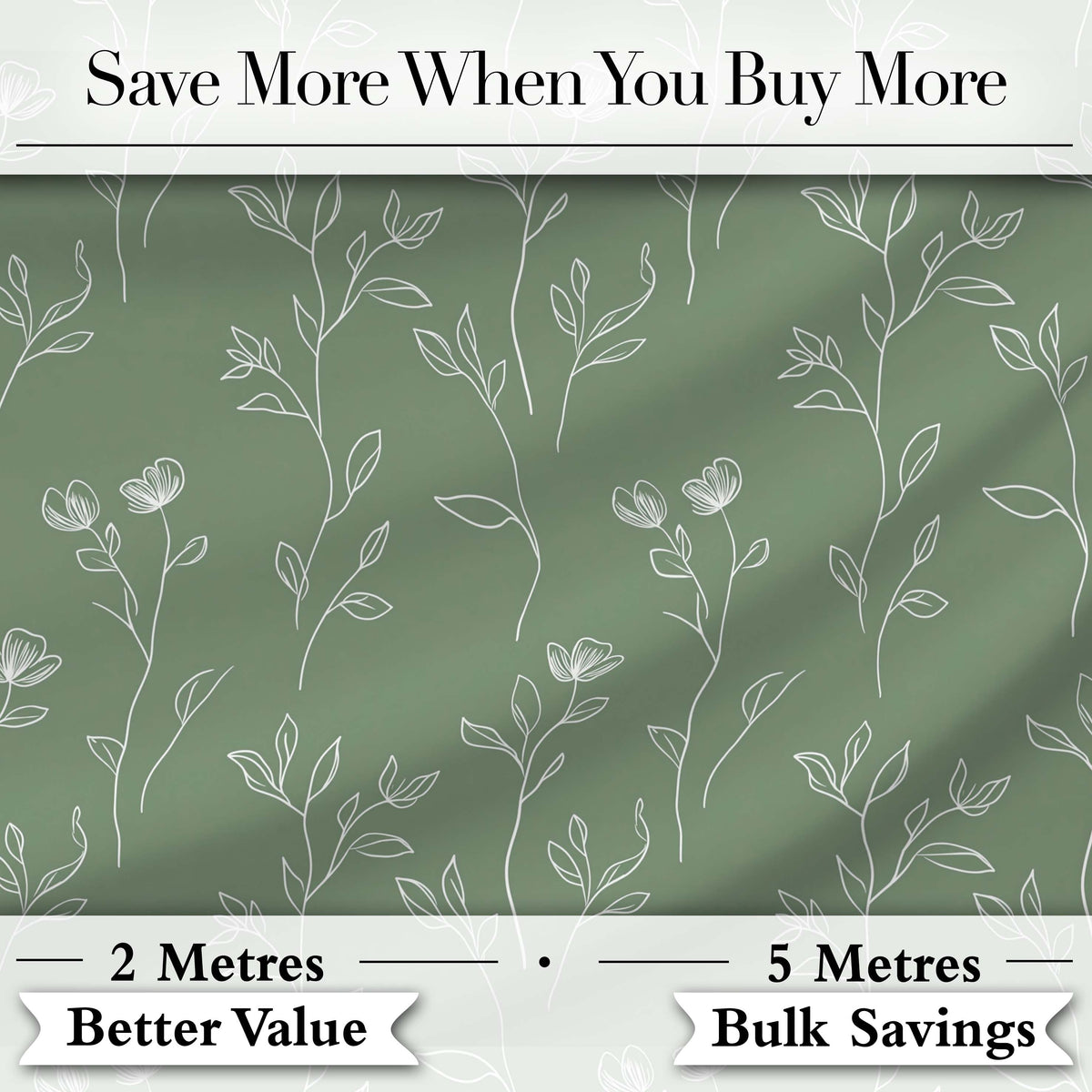 Soft Green Botanical Line Art Floral Pattern with Minimal Leaves Seamless Digital Print Fabric by the Metre UK Sewing Quilting Textile