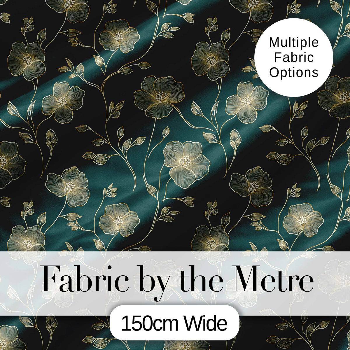 Luxury Dark Teal Floral Pattern with Fine Gold Line Art Blossoms Seamless Digital Print Fabric by the Metre UK Sewing Quilting Textile