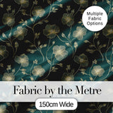 Luxury Dark Teal Floral Pattern with Fine Gold Line Art Blossoms Seamless Digital Print Fabric by the Metre UK Sewing Quilting Textile