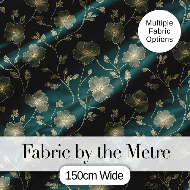 Luxury Dark Teal Floral Pattern with Fine Gold Line Art Blossoms Seamless Digital Print Fabric by the Metre UK Sewing Quilting Textile