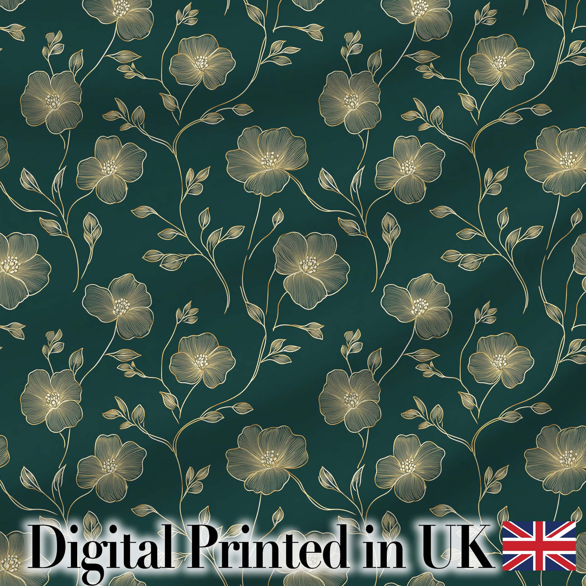 Luxury Dark Teal Floral Pattern with Fine Gold Line Art Blossoms Seamless Digital Print Fabric by the Metre UK Sewing Quilting Textile