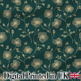 Luxury Dark Teal Floral Pattern with Fine Gold Line Art Blossoms Seamless Digital Print Fabric by the Metre UK Sewing Quilting Textile
