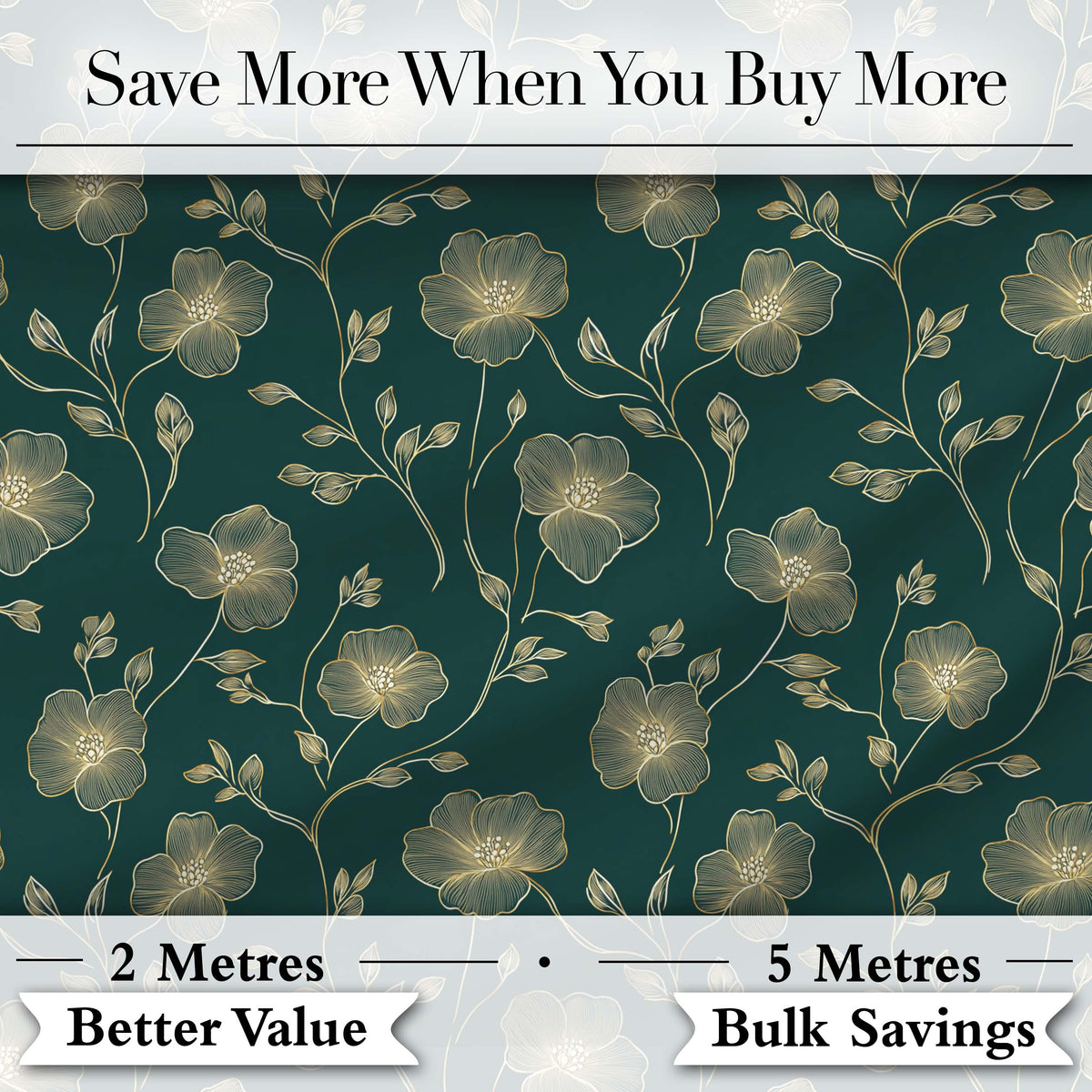 Luxury Dark Teal Floral Pattern with Fine Gold Line Art Blossoms Seamless Digital Print Fabric by the Metre UK Sewing Quilting Textile