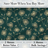 Luxury Dark Teal Floral Pattern with Fine Gold Line Art Blossoms Seamless Digital Print Fabric by the Metre UK Sewing Quilting Textile