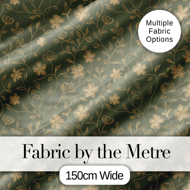 Vintage Olive Floral Vine Pattern with Soft Gold Detailed Flowers Seamless Digital Print Fabric by the Metre UK Sewing Quilting Textile