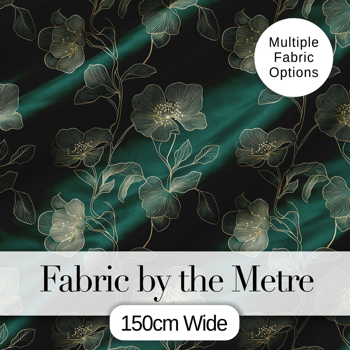 Elegant Deep Green Floral Pattern with Large Gold Line Art Blossoms Seamless Digital Print Fabric by the Metre UK Sewing Quilting Textile