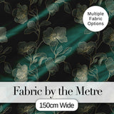 Elegant Deep Green Floral Pattern with Large Gold Line Art Blossoms Seamless Digital Print Fabric by the Metre UK Sewing Quilting Textile