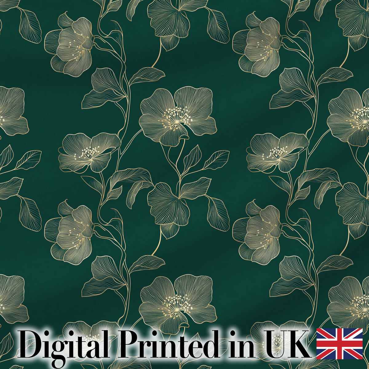Elegant Deep Green Floral Pattern with Large Gold Line Art Blossoms Seamless Digital Print Fabric by the Metre UK Sewing Quilting Textile