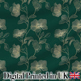 Elegant Deep Green Floral Pattern with Large Gold Line Art Blossoms Seamless Digital Print Fabric by the Metre UK Sewing Quilting Textile