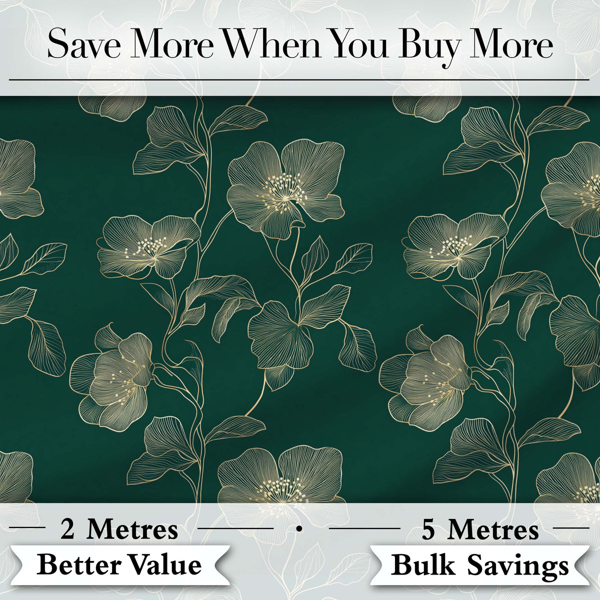 Elegant Deep Green Floral Pattern with Large Gold Line Art Blossoms Seamless Digital Print Fabric by the Metre UK Sewing Quilting Textile