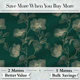 Elegant Deep Green Floral Pattern with Large Gold Line Art Blossoms Seamless Digital Print Fabric by the Metre UK Sewing Quilting Textile