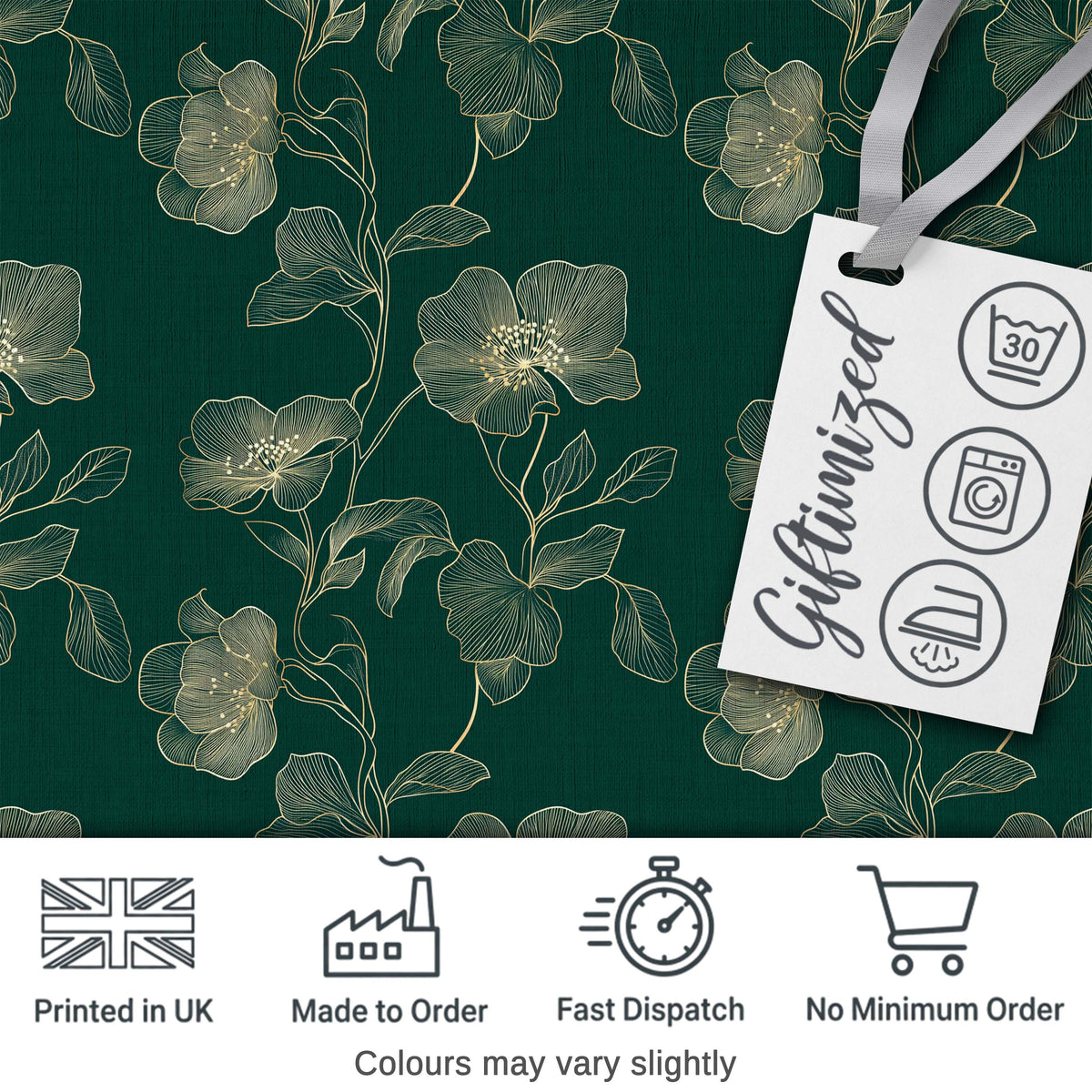 Elegant Deep Green Floral Pattern with Large Gold Line Art Blossoms Seamless Digital Print Fabric by the Metre UK Sewing Quilting Textile