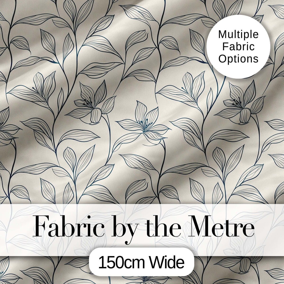 Elegant Beige Botanical Line Art Leaves Pattern with Floral Stems Seamless Digital Print Fabric by the Metre UK Sewing Quilting Textile
