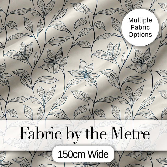 Elegant Beige Botanical Line Art Leaves Pattern with Floral Stems Seamless Digital Print Fabric by the Metre UK Sewing Quilting Textile
