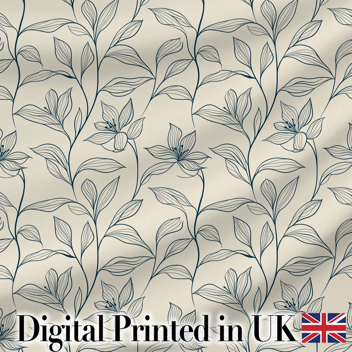 Elegant Beige Botanical Line Art Leaves Pattern with Floral Stems Seamless Digital Print Fabric by the Metre UK Sewing Quilting Textile