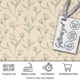 Minimalist Beige Floral Bud Pattern with Fine Line Botanical Elements Seamless Digital Print Fabric by the Metre UK Sewing Quilting Textile