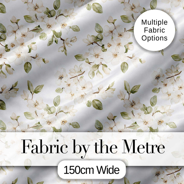 Elegant White Blossom Floral Pattern with Soft Green Leaves Seamless Botanical Digital Print Fabric by the Metre UK Sewing Quilting Textile