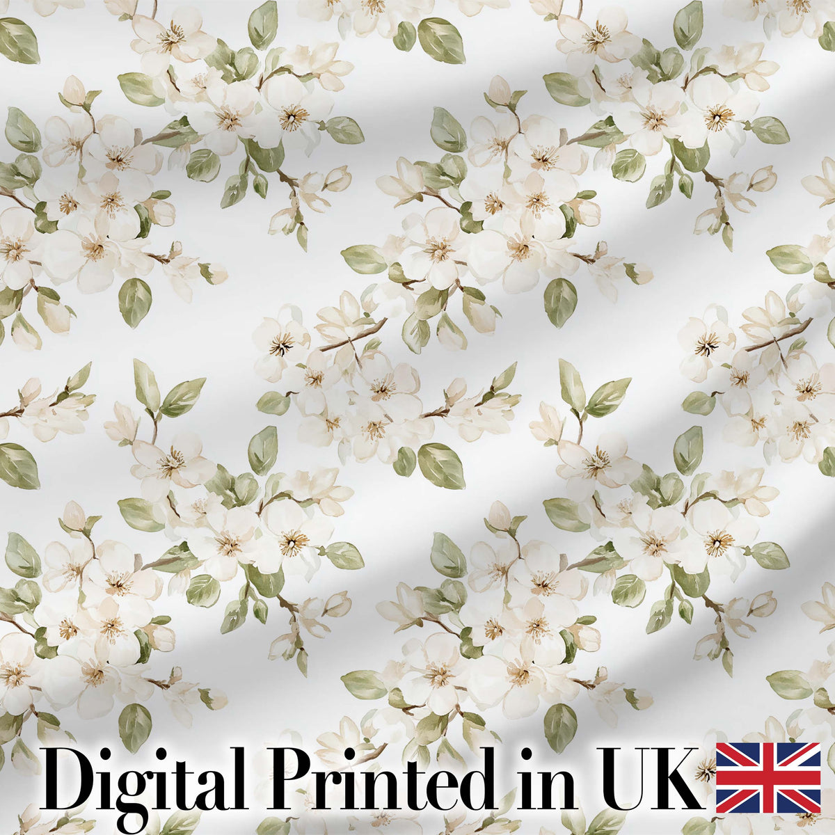 Elegant White Blossom Floral Pattern with Soft Green Leaves Seamless Botanical Digital Print Fabric by the Metre UK Sewing Quilting Textile