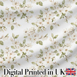 Elegant White Blossom Floral Pattern with Soft Green Leaves Seamless Botanical Digital Print Fabric by the Metre UK Sewing Quilting Textile