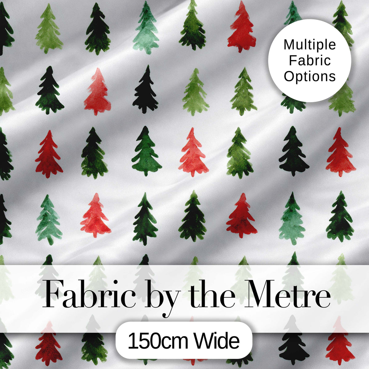 Watercolor Christmas Tree Pattern in Red and Green Festive Seamless Design Digital Print Fabric by the Metre UK Sewing Quilting Textile