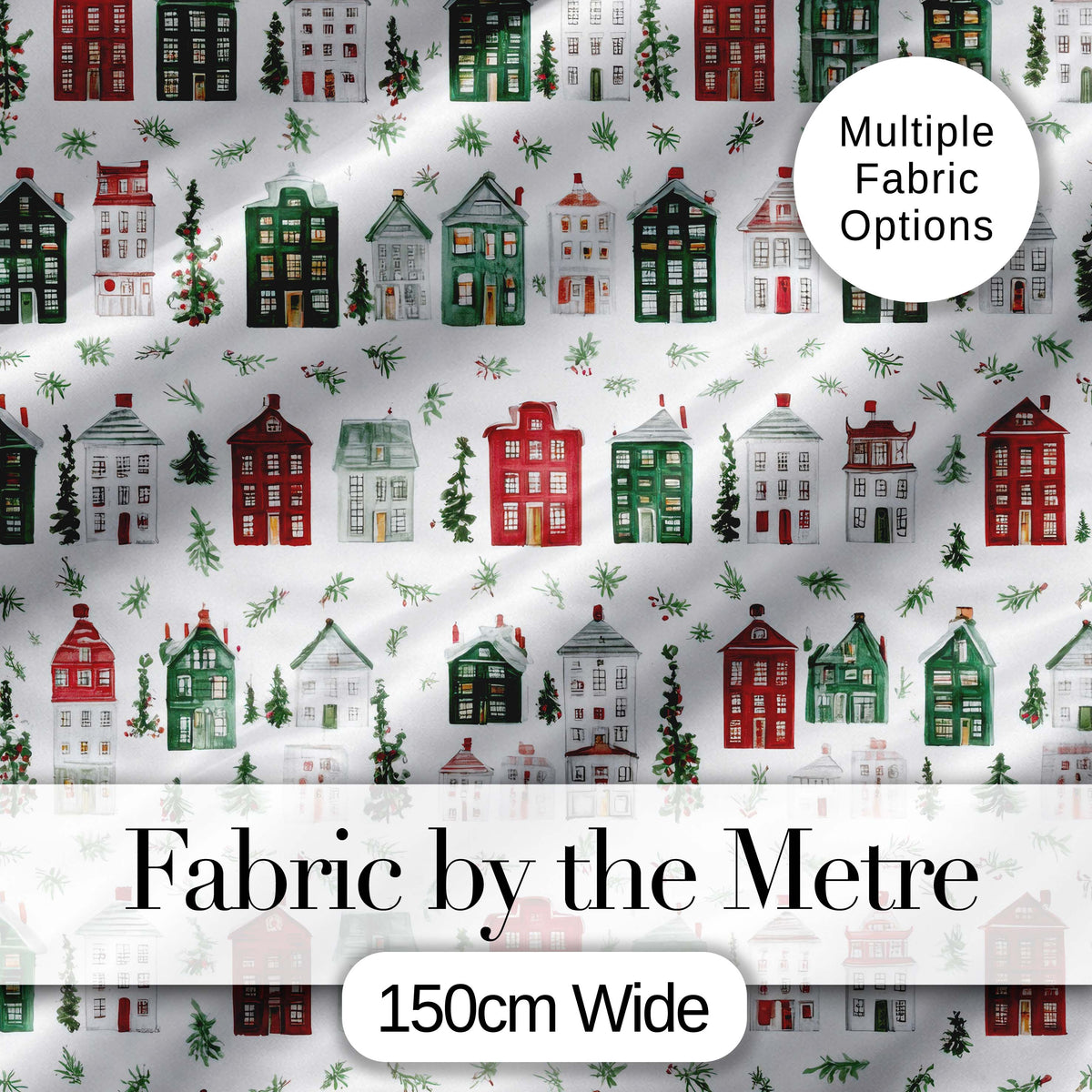 Charming Winter Village Houses and Trees Christmas Seamless Pattern Design Digital Print Fabric by the Metre UK Sewing Quilting Textile