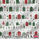 Charming Winter Village Houses and Trees Christmas Seamless Pattern Design Digital Print Fabric by the Metre UK Sewing Quilting Textile