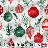 Festive Christmas Baubles and Foliage Watercolor Seamless Pattern Design Digital Print Fabric by the Metre UK Sewing Quilting Textile