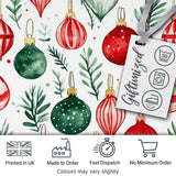 Festive Christmas Baubles and Foliage Watercolor Seamless Pattern Design Digital Print Fabric by the Metre UK Sewing Quilting Textile