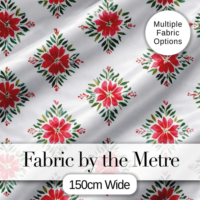 Watercolor Poinsettia Floral Christmas Seamless Pattern with Greenery Accents Digital Print Fabric by the Metre UK Sewing Quilting Textile