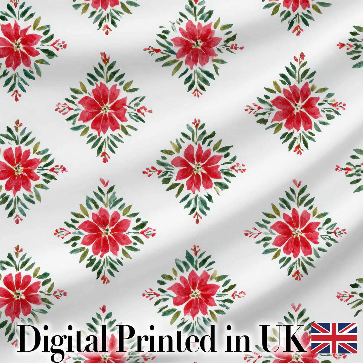 Watercolor Poinsettia Floral Christmas Seamless Pattern with Greenery Accents Digital Print Fabric by the Metre UK Sewing Quilting Textile