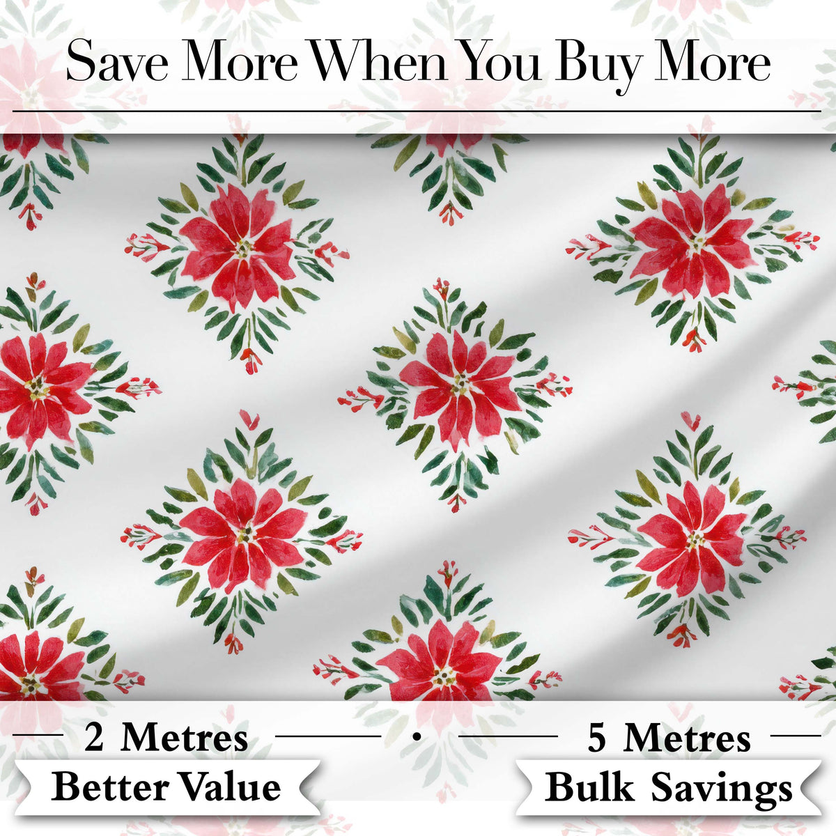 Watercolor Poinsettia Floral Christmas Seamless Pattern with Greenery Accents Digital Print Fabric by the Metre UK Sewing Quilting Textile