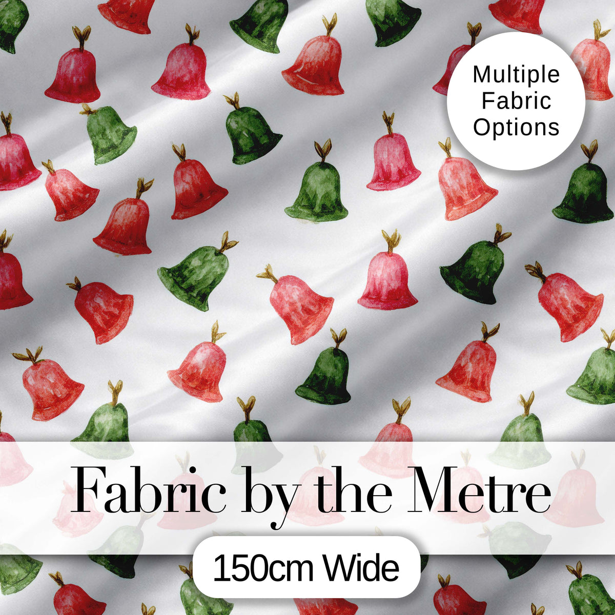 Cute Red and Green Christmas Bells Watercolor  Pattern Festive Holiday Design Digital Print Fabric by the Metre UK Sewing Quilting Textile