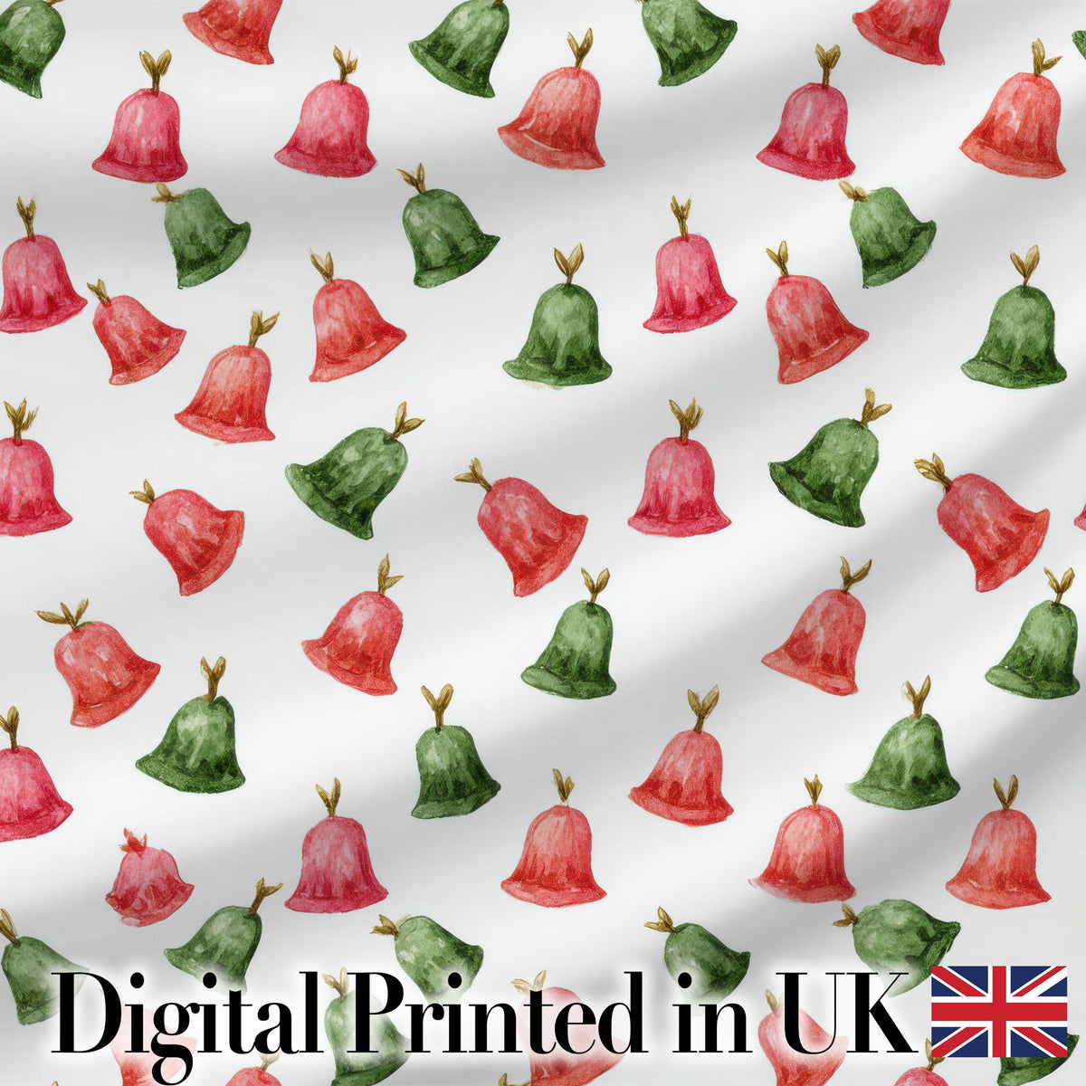 Cute Red and Green Christmas Bells Watercolor  Pattern Festive Holiday Design Digital Print Fabric by the Metre UK Sewing Quilting Textile