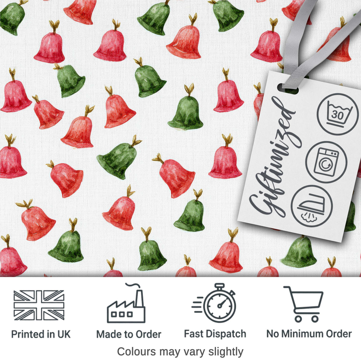 Cute Red and Green Christmas Bells Watercolor  Pattern Festive Holiday Design Digital Print Fabric by the Metre UK Sewing Quilting Textile