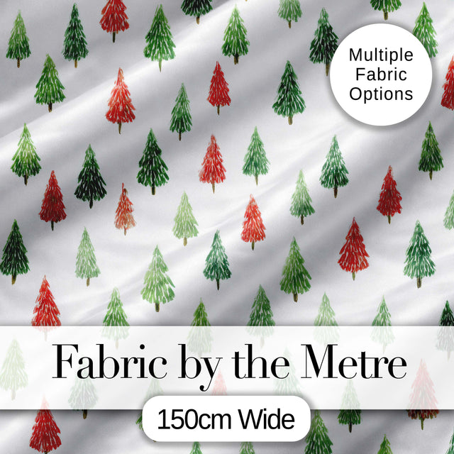 Watercolor Red and Green Christmas Trees  Pattern Festive Winter Holiday Design Digital Print Fabric by the Metre UK Sewing Quilting Textile
