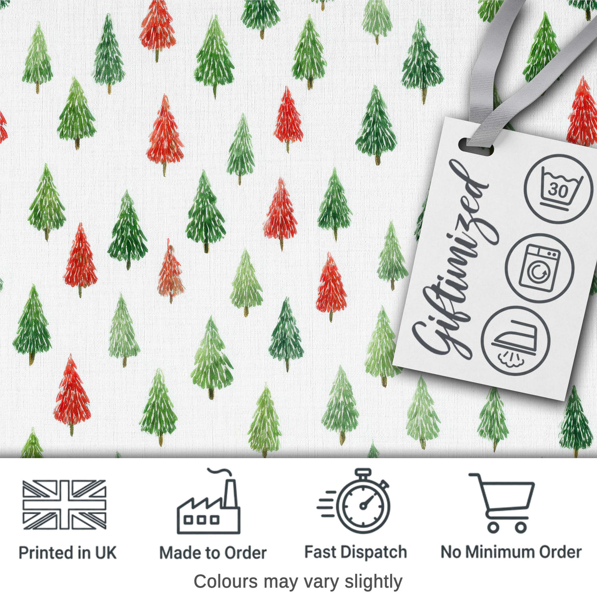 Watercolor Red and Green Christmas Trees  Pattern Festive Winter Holiday Design Digital Print Fabric by the Metre UK Sewing Quilting Textile