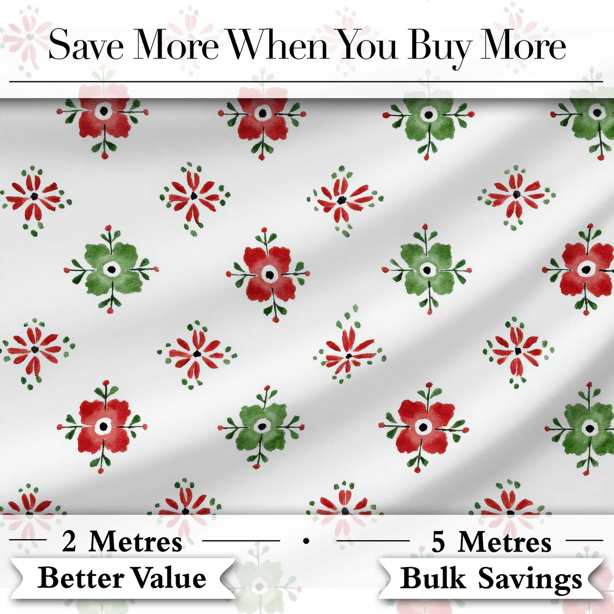 Cute Scandinavian Style Red and Green Floral  Pattern Christmas Folk Art Design Digital Print Fabric by the Metre UK Sewing Quilting Textile